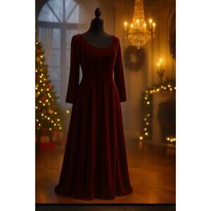Vintage Burgundy Velvet Gown - 14 - Scoop Neck 80s Holiday Formal Winter Wedding